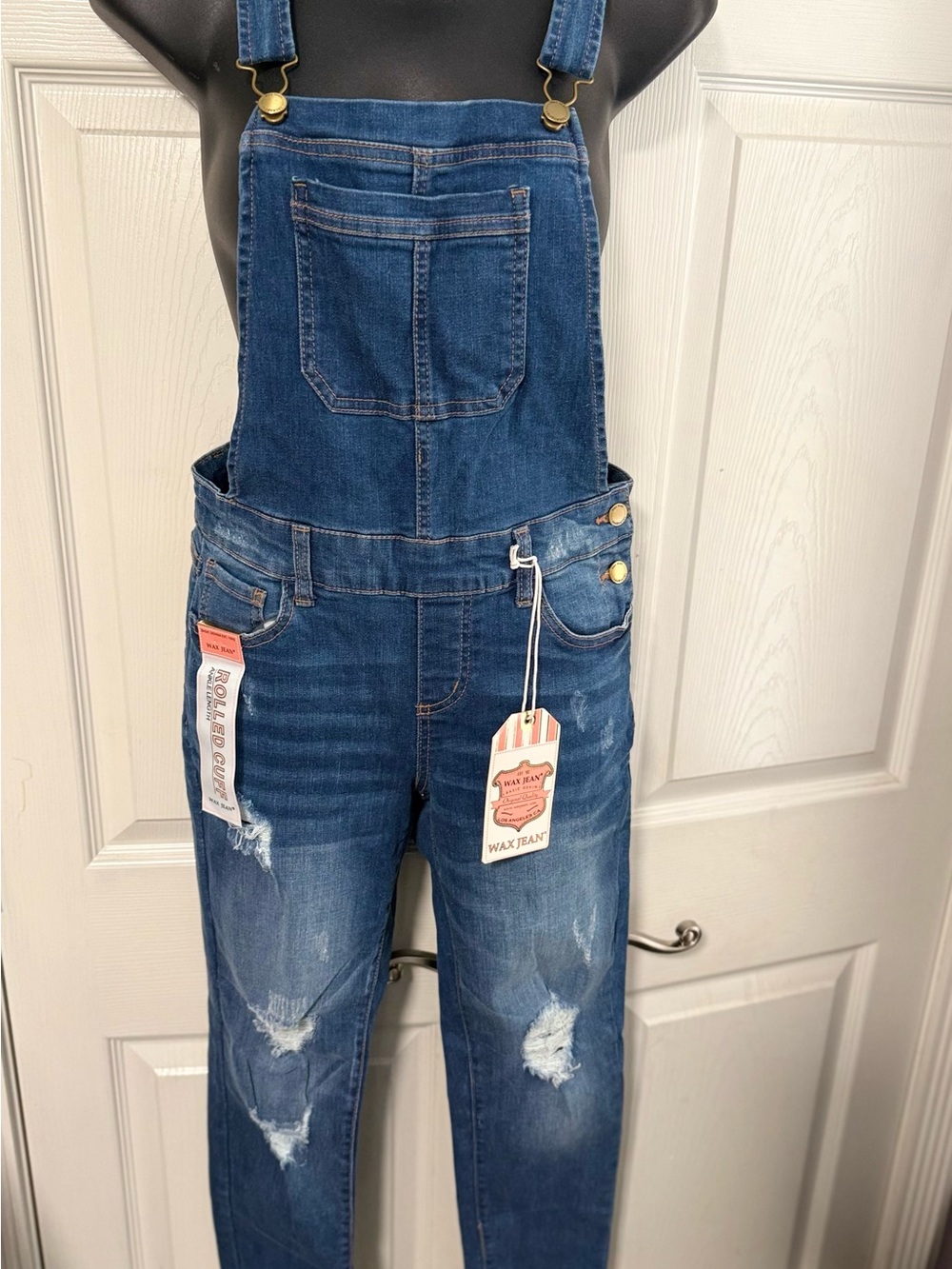 Wax Jean Light Wash Denim Overalls Distressed Adjustable Straps Bib Pocket